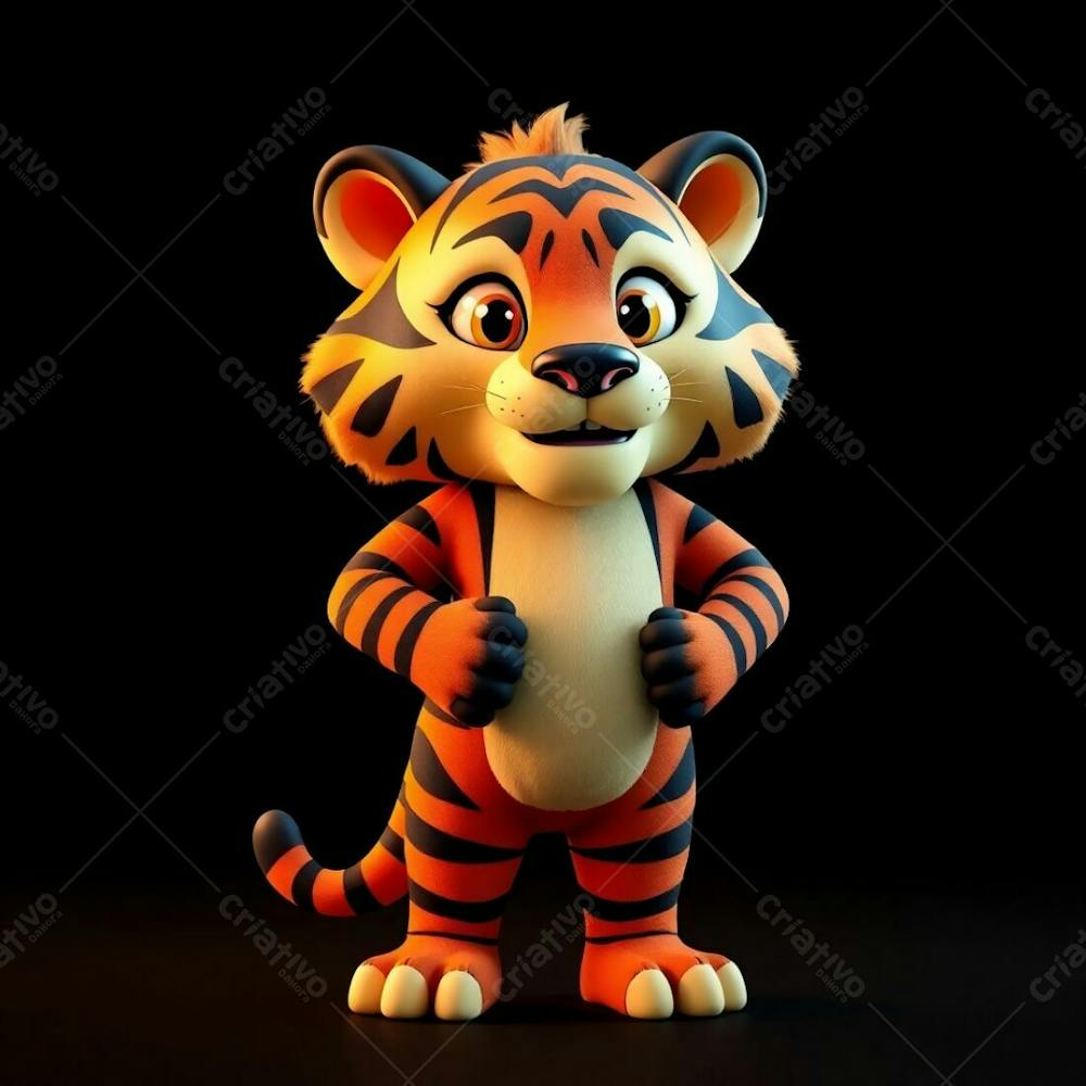 Highly Detailed 3D Render Of An Anthropomorphic Tiger Mascot For Carnaval. The Tiger Stands Confidently, Its Orange And Black Fur Gleaming Under Warm Golden Hour Light. Expressive Ey