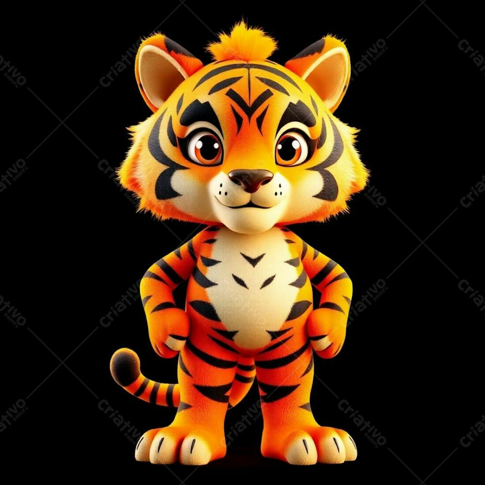 Highly Detailed 3D Render Of An Anthropomorphic Tiger Mascot For Carnaval. The Tiger Stands Confidently, Its Orange And Black Fur Gleaming Under Warm Golden Hour Light. Expressive Ey