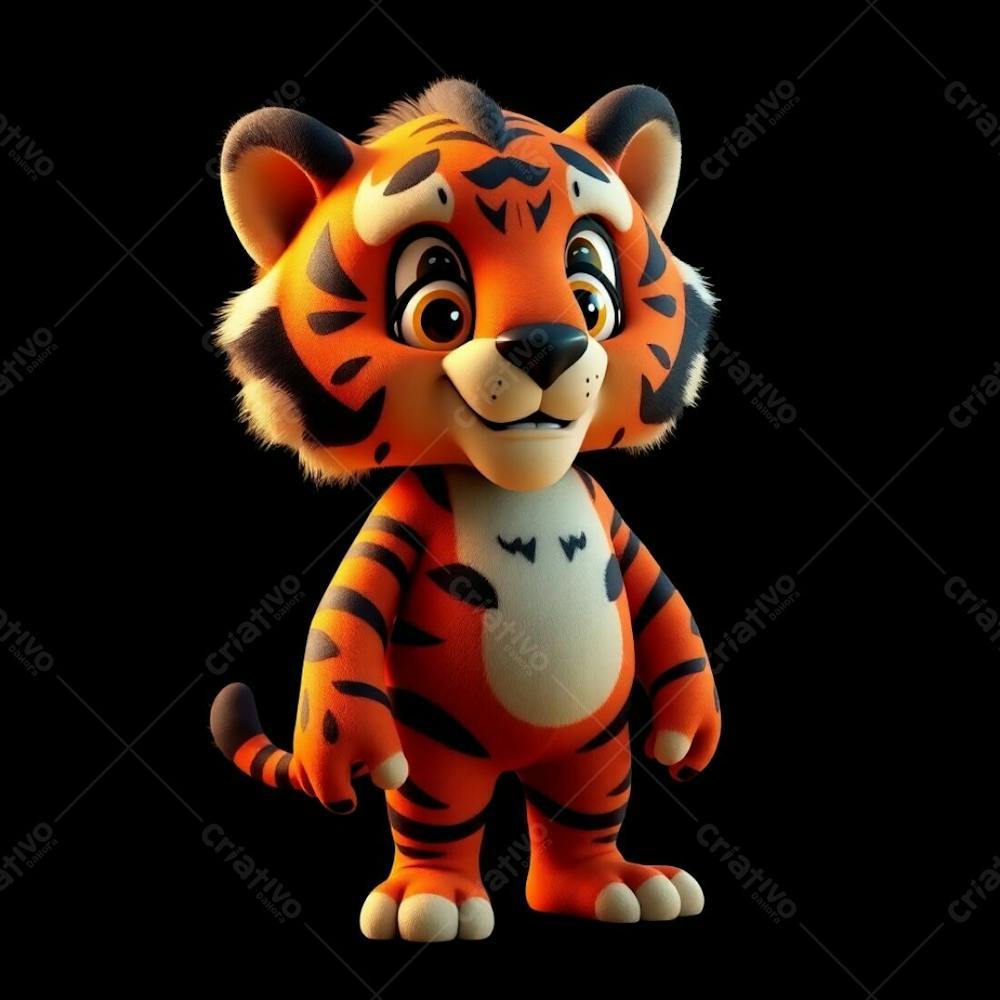 Highly Detailed 3D Render Of An Anthropomorphic Tiger Mascot For Carnaval. The Tiger Stands Confidently, Its Orange And Black Fur Gleaming Under Warm Golden Hour Light. Expressive Ey