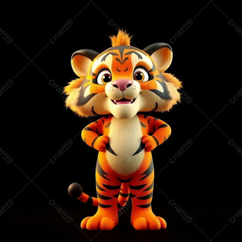 Highly Detailed 3D Render Of An Anthropomorphic Tiger Mascot For Carnaval. The Tiger Stands Confidently, Its Orange And Black Fur Gleaming Under Warm Golden Hour Light. Expressive Eye