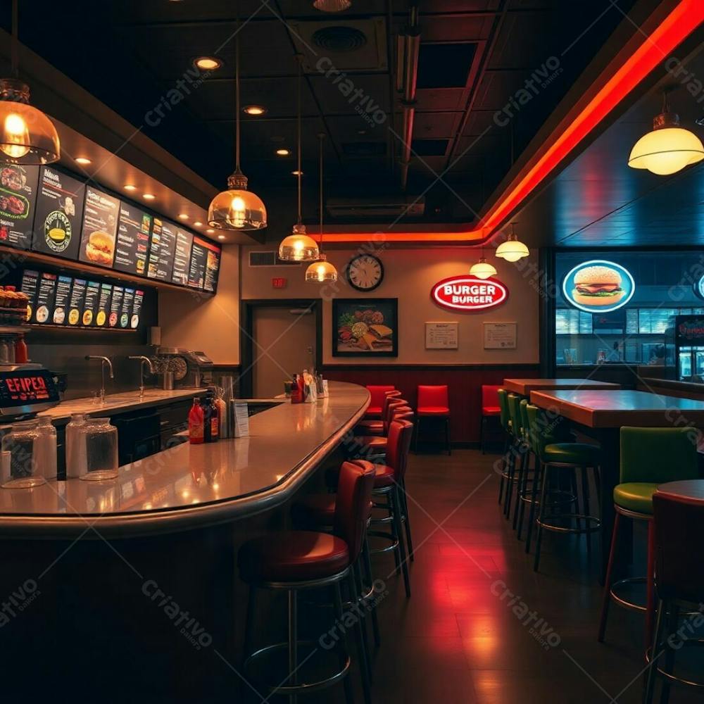 A Professional Editorial Photograph, Style Of Photo Of The Year, Warm And Slightly Dark Tones, Soft Cinematic Haze, Depicting A Modern Burger Restaurant Interior Elegant Diner Counter With Polished W