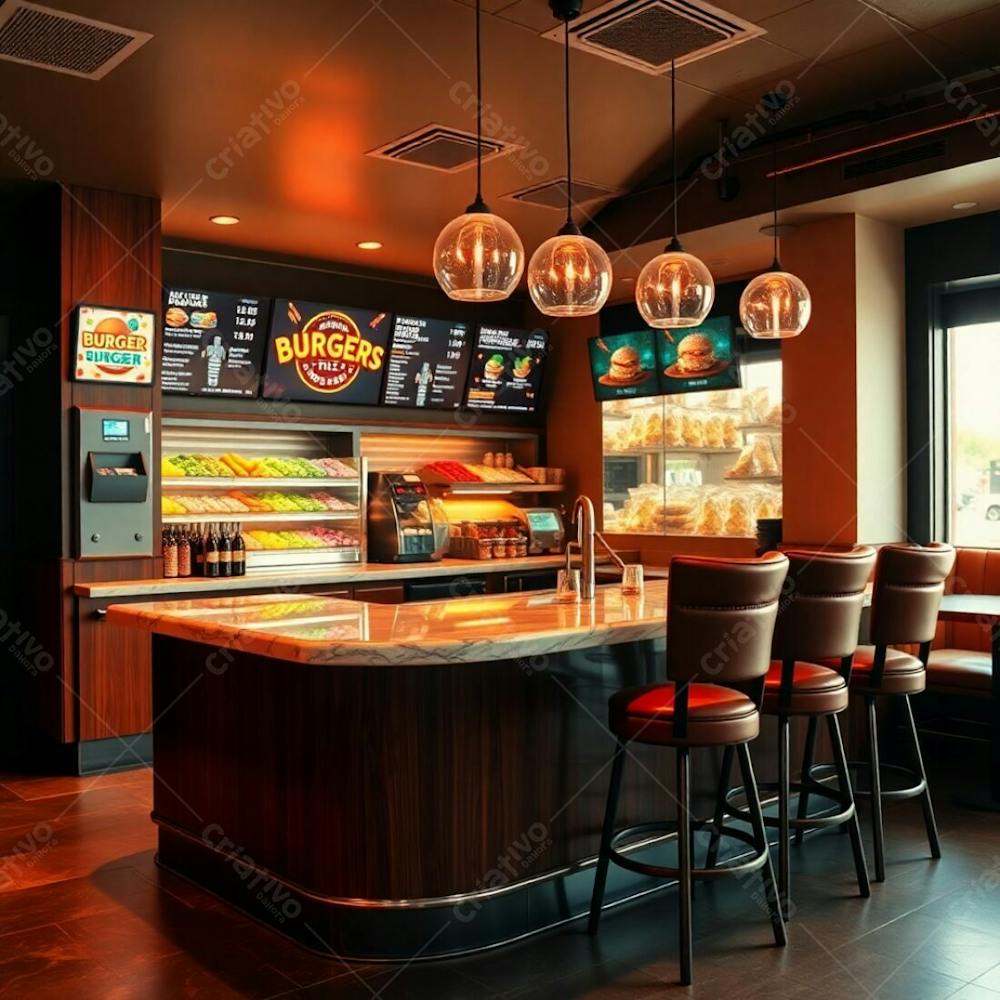 A Professional Photograph Depicting A Stylish Burger Restaurant Interior A Diner Counter With A Polished Wood Base And Glossy Marble Countertop, Vibrant Ingredient Displays Behind The Counter, Glowin