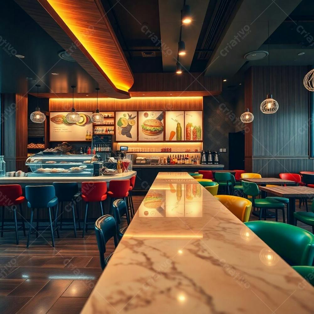 A Professional Photograph, Styled As Fine Art, Of A Modern Burger Restaurant. The Focus Is On The Diner Counter Polished Wood, Glossy Marble, And Colorful Ingredients On Display. High Stools In Bold