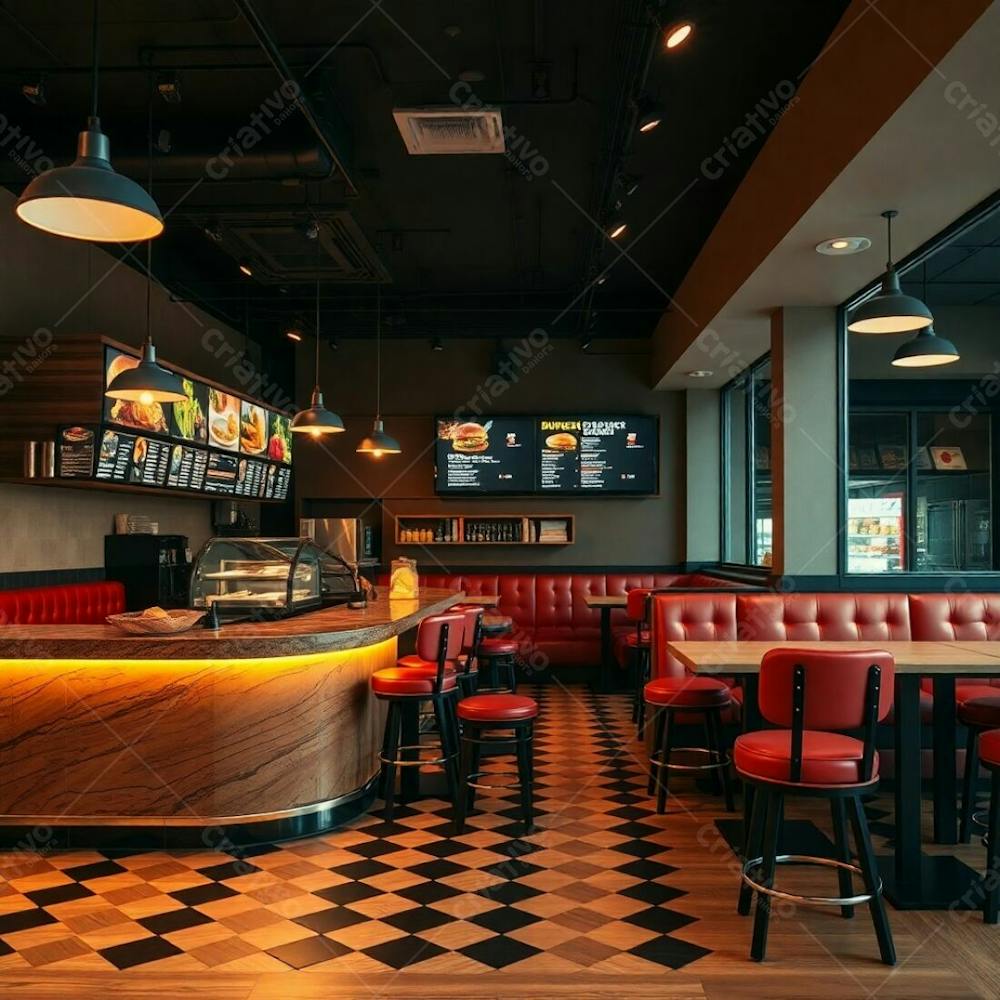 A Warm, Slightly Dark, Fine Art Photograph Depicting A Stylish Burger Restaurant Interior A Polished Wood And Marble Diner Counter, Colorful Ingredient Displays, Glowing Digital Menu Boards, And Hig