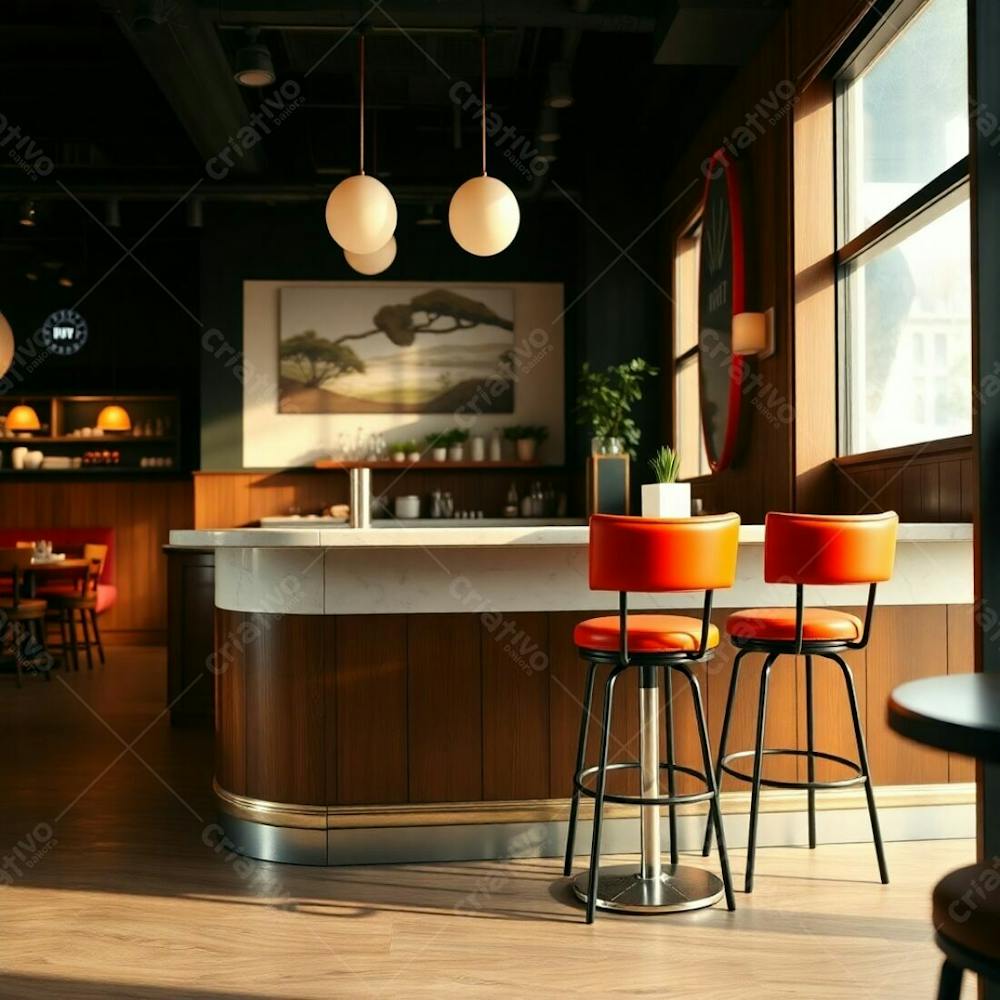 A Warm, Slightly Dark, Professional Photograph Featuring A Modern Burger Restaurant&#39;S Interior. The Focus Is A Diner Counter With A Polished Wood Base And Glossy Marble Top. Bold Colors Appear On Th