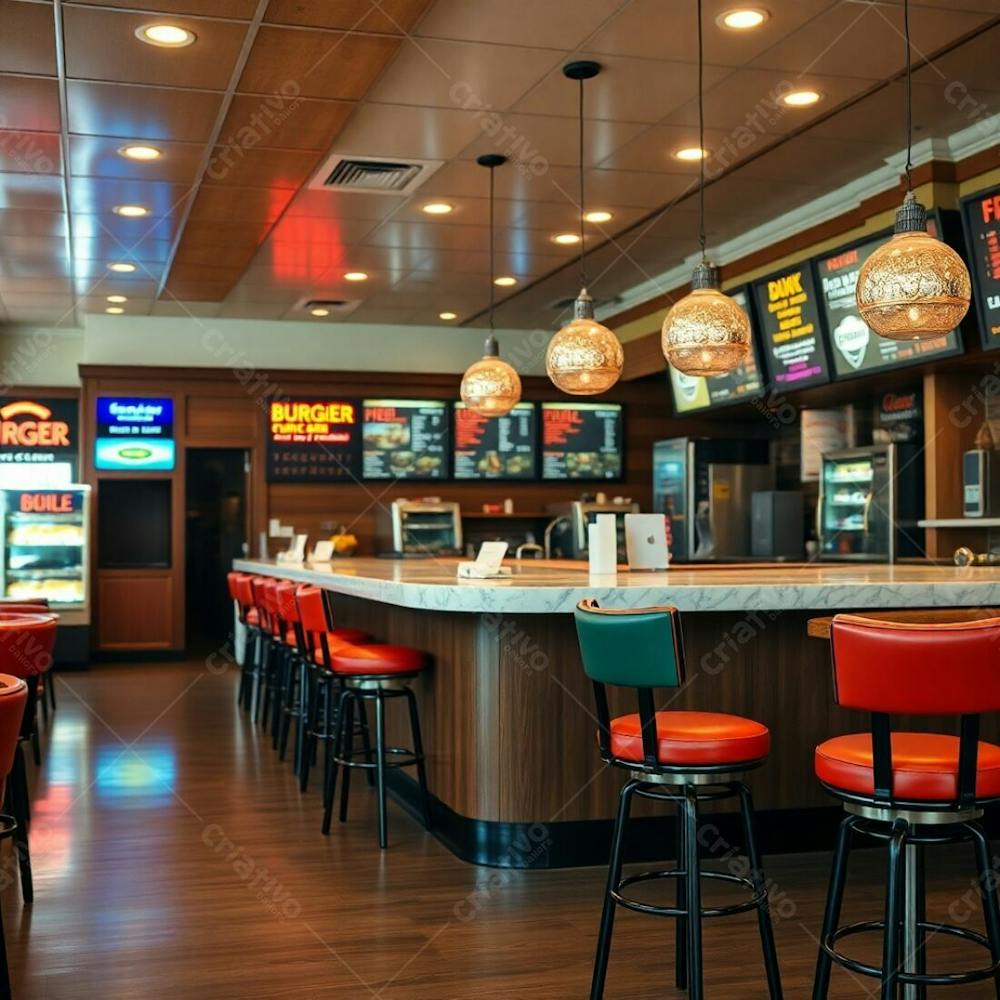 Associated Press Style Photography, Natural Earth Tones, Soft Focus, Hazy Background Stylish Burger Restaurant Interior, Elegant Diner Counter With Polished Wood And Marble, Colorful Displays, Bold M