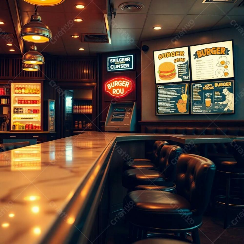 Fine Art Photo, Warm Tones, Soft Cinematic Haze, Professional Style Burger Restaurant Interior, Elegant Diner Counter, Polished Wood And Marble, Colorful Shelves With Ingredients, Glowing Menu Board