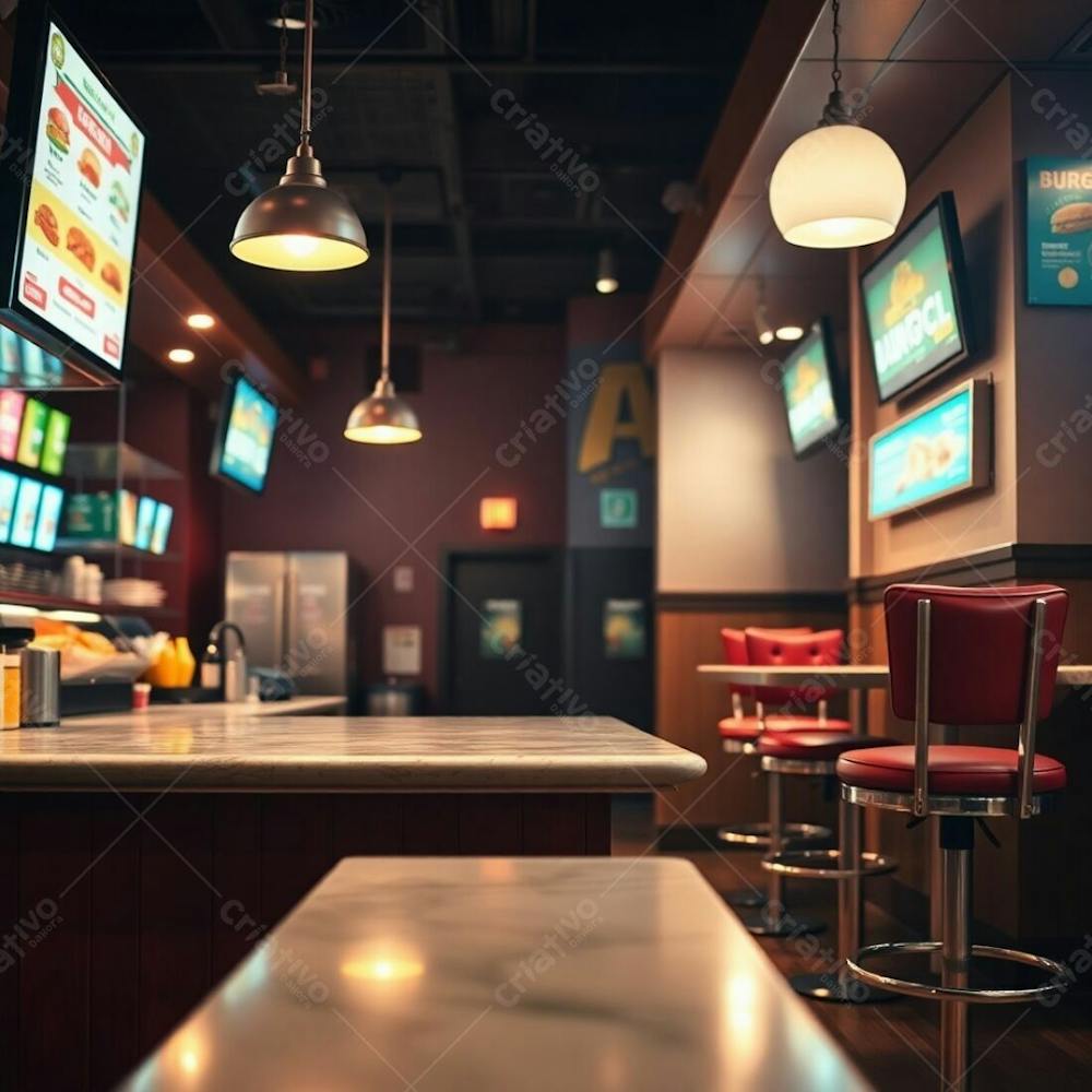 Fine Art Photograph Burger Restaurant Interior, Diner Counter, Warm And Slightly Dark Lighting, Soft Cinematic Haze, Polished Wood And Marble Countertop, Colorful Shelves, Bright Digital Menu Board