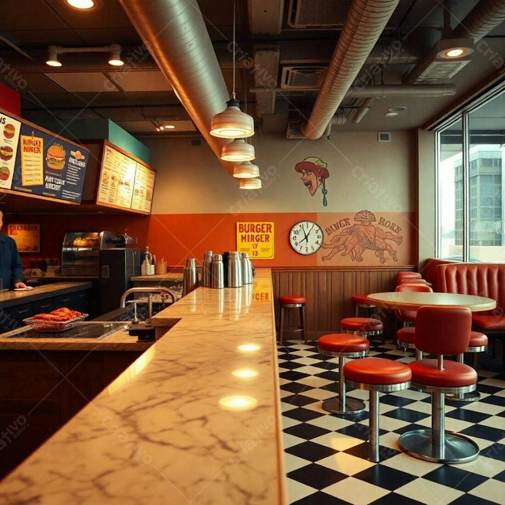 Fine Art Photograph Modern Burger Joint Interior, Focus On Diner Counter, Polished Wood And Marble Countertop, Vibrant Ingredient Displays, Menu Boards With Illustrations, High Stools With Bold Colo