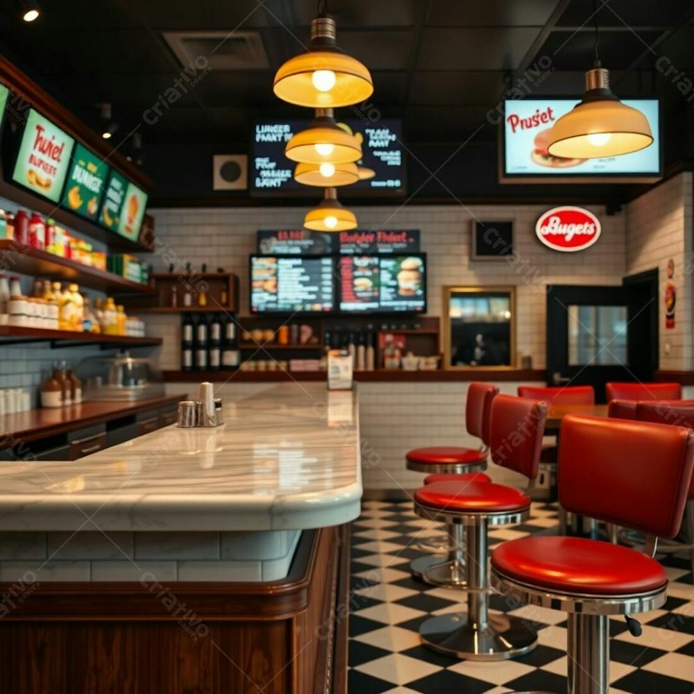 Fine Art Photograph A Stylish Burger Restaurant Interior, Diner Counter With Polished Wood Base And Glossy Marble Top. Shelves Display Colorful Ingredients. Bold Digital Menu Boards Above. High Sto