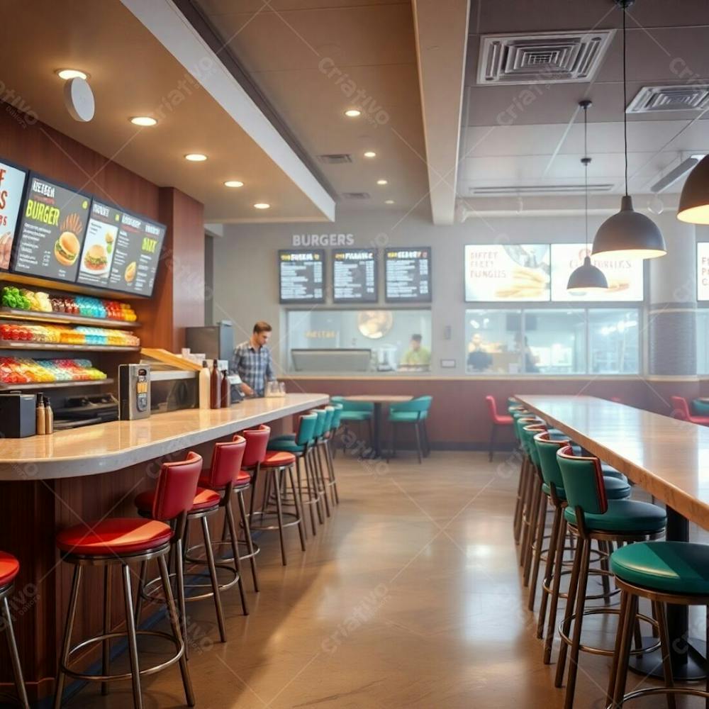 Fine Art Photograph A Stylish Modern Burger Restaurant&#39;S Interior. Diner Counter Features A Polished Wood Base And Glossy Marble Top. Colorful Ingredients Displayed On Shelves, Digital Menu Boards