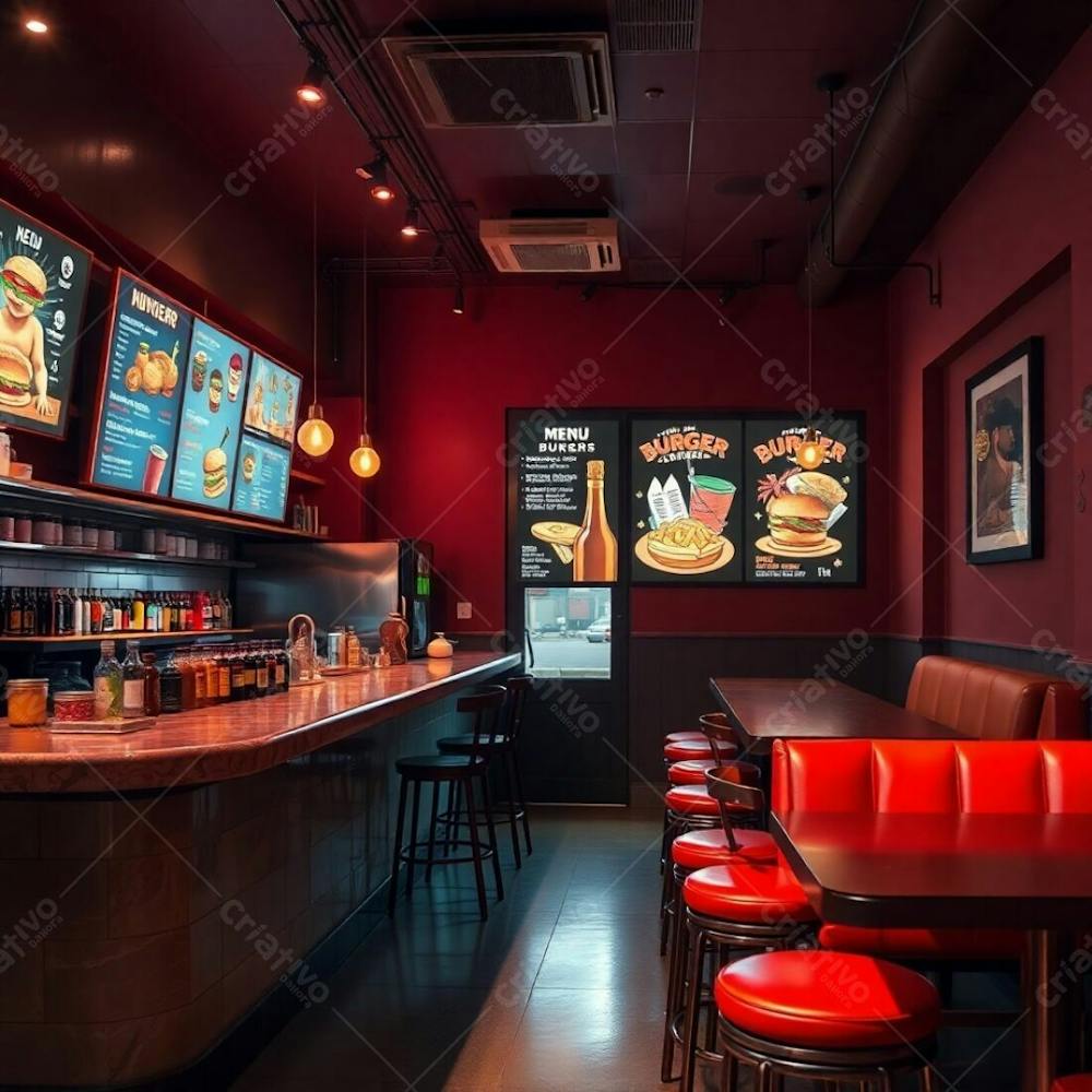 Fine Art Photograph Depicting A Modern Burger Restaurant Interior Warm, Slightly Dark Lighting, Soft Cinematic Haze, Polished Wood And Marble Diner Counter, Colorful Condiments And Jars On Shelves, G