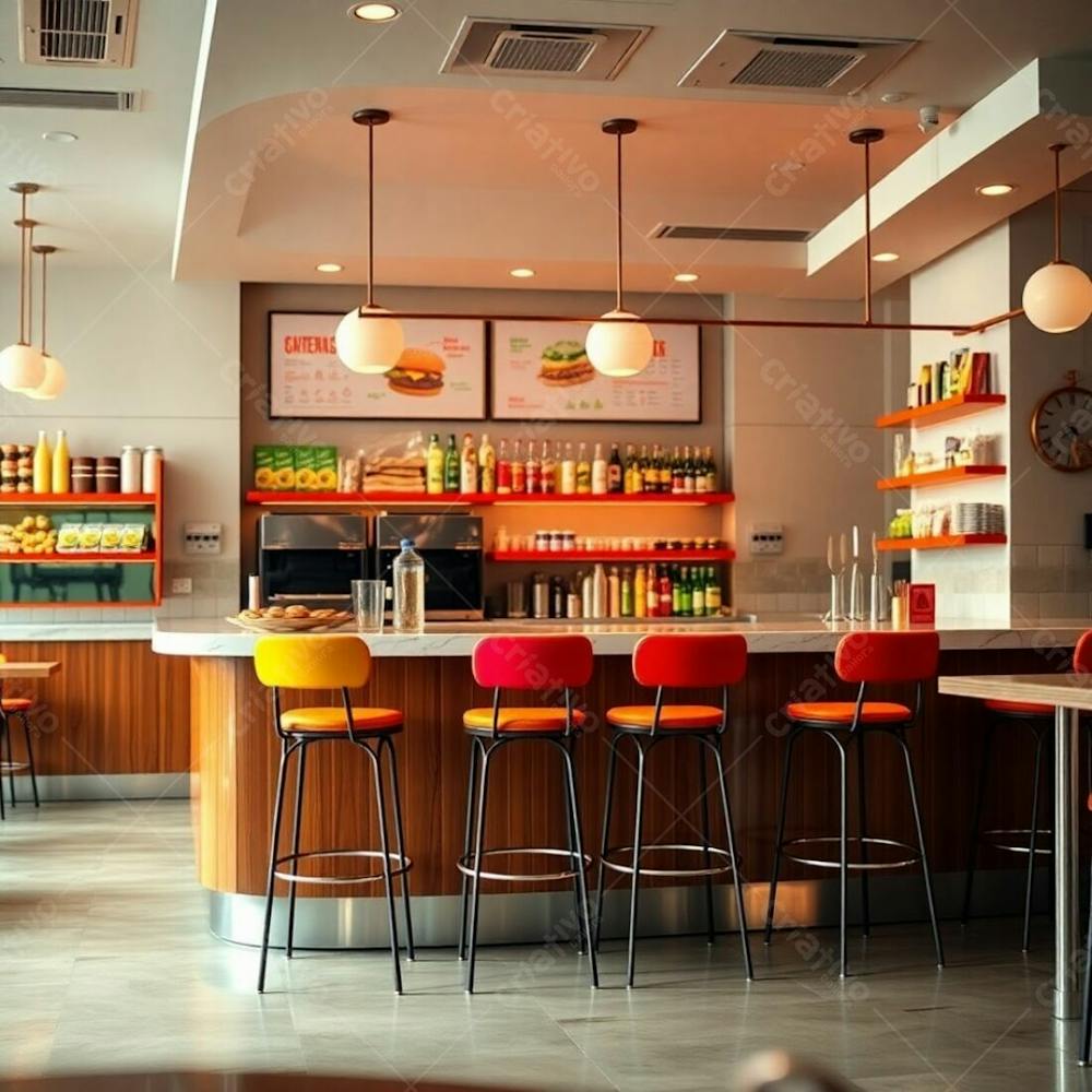 Fine Art Photograph Depicting A Modern Burger Restaurant Interior, Emphasizing A Stylish Diner Counter. The Counter Features A Polished Wood Base And Glossy Marble Top, With Brightly Colored High S