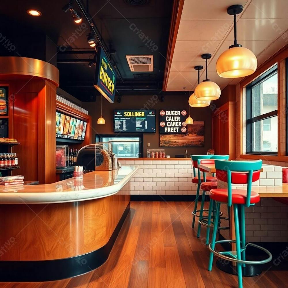 Fine Art Photograph Depicting A Stylish Burger Restaurant Interior, Warm Earth Tones And Soft Cinematic Haze. Polished Wood And Marble Diner Counter, Colorful Ingredient Displays, Bold Digital Menu B