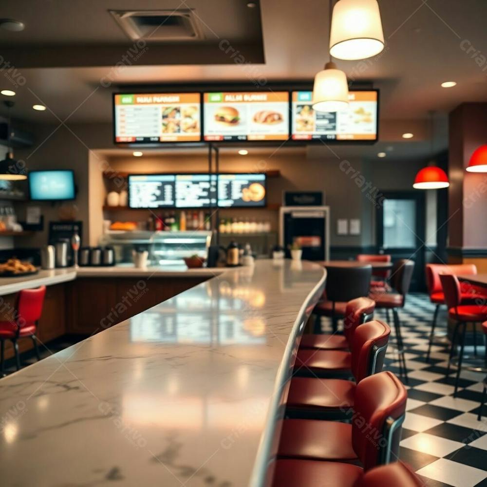 Fine Art Photograph Interior Of A Stylish Burger Restaurant. Focus On The Diner Counter, Polished Wood Base, Glossy Marble Top. Behind The Counter, Colorful Ingredients And Condiments Are Displayed