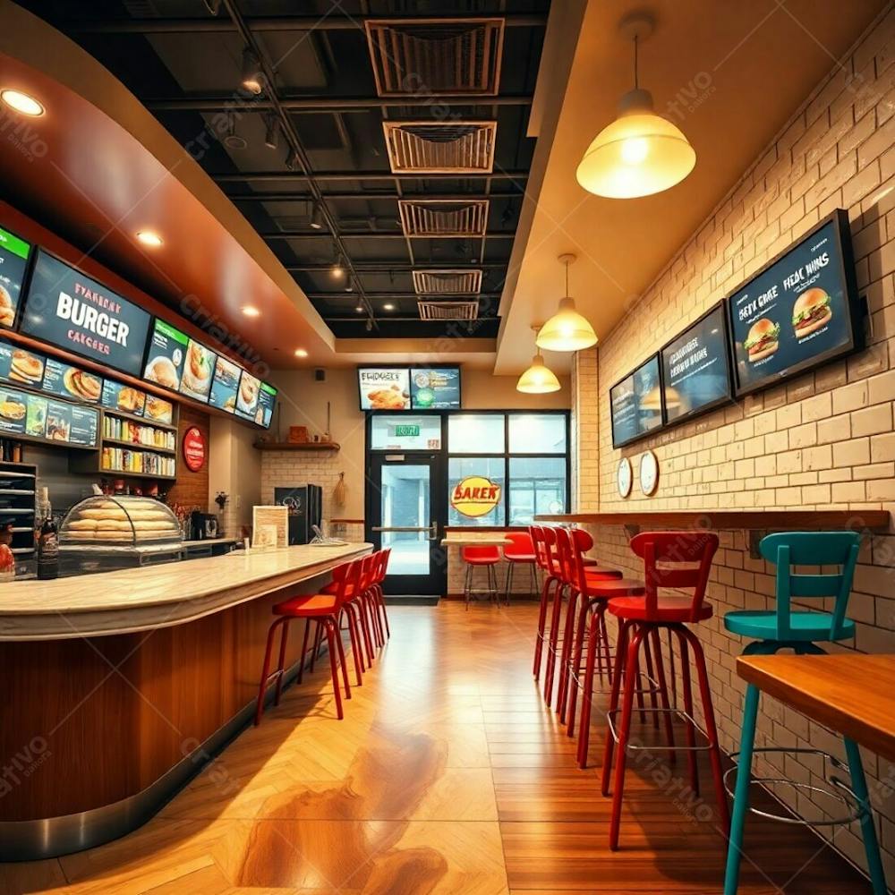 Fine Art Photograph Of A Modern Burger Restaurant Interior A Polished Wood And Marble Diner Counter, Brightly Lit Shelves Displaying Colorful Ingredients, Bold Text And Images On Digital Menu Boards,