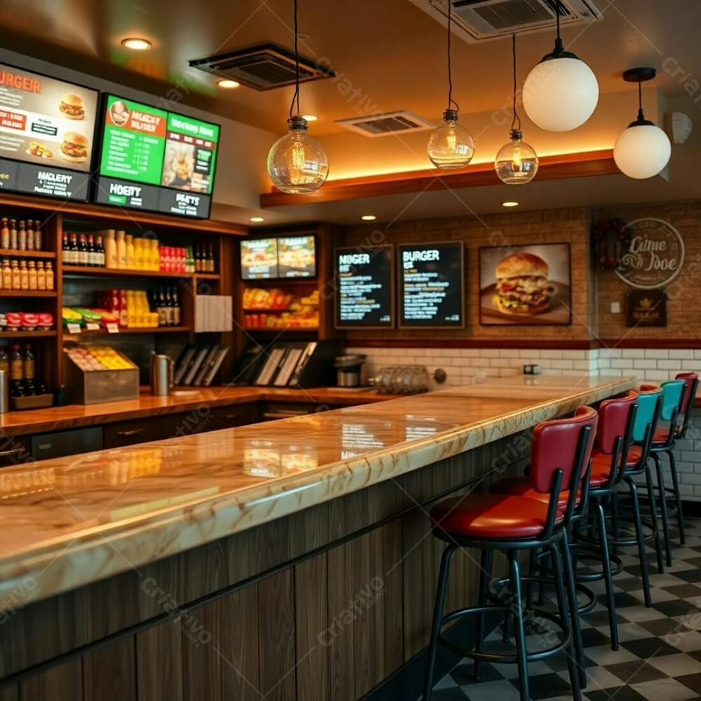 Fine Art Photograph Of A Stylish Burger Restaurant Diner Counter Polished Wood Base, Glossy Marble Countertop, Earth Tones, Soft Cinematic Haze, Warm Lighting, Colorful Ingredients Displayed On Shelv