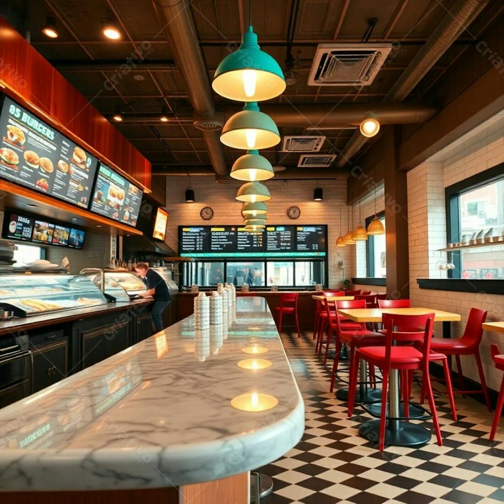 Fine Art Photograph Of A Stylish Burger Restaurant Interior Polished Wood And Marble Diner Counter, Vibrant Ingredient Displays, Bold Digital Menu Boards, Red And Turquoise High Stools, Warm Pendant