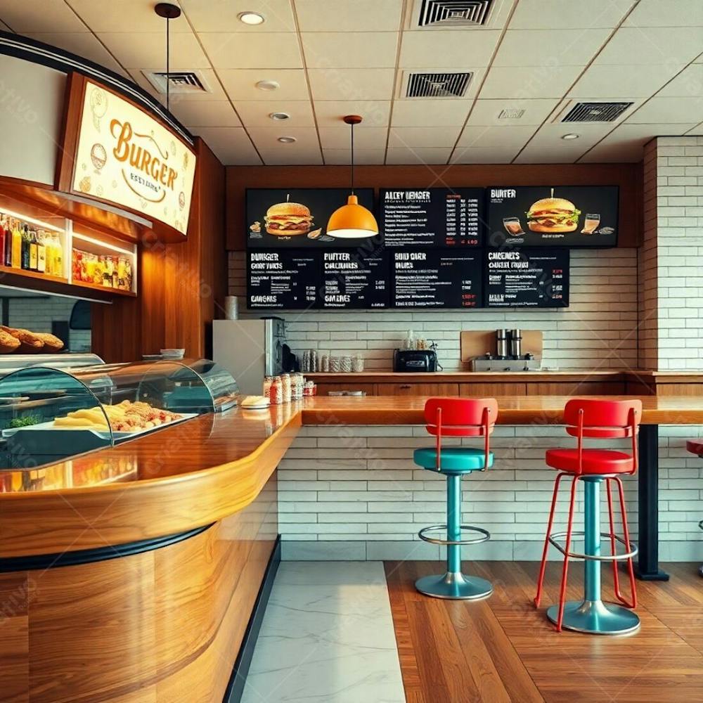 Fine Art Photograph, Cinematic Style, Warm Earth Tones, Soft Focus, Hazy Background, Burger Restaurant Interior Polished Wood And Marble Diner Counter, Colorful Ingredients On Shelves, Bold Digital M