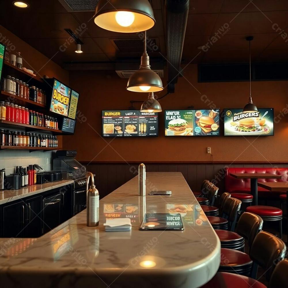 Fine Art Photograph, Warm And Slightly Dark Tones, Soft Cinematic Haze. Stylish Burger Restaurant Interior Glossy Marble And Wood Diner Counter, Shelves With Colorful Condiments And Jars, Glowing D