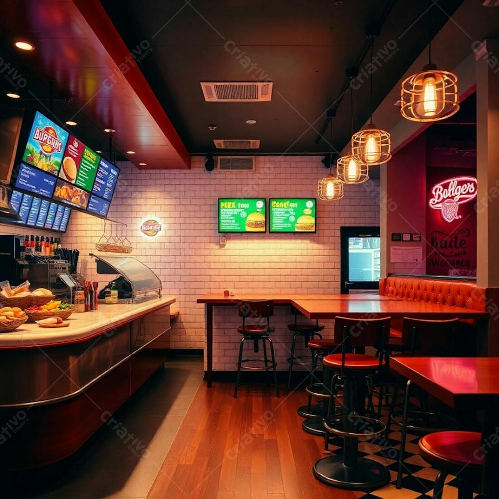 Fine Art Photograph, Warm And Slightly Dark Tones, Soft Focus, Depicting A Modern Burger Restaurant Interior Polished Wood And Marble Diner Counter, Colorful Ingredients Neatly Arranged, Vibrant Digi