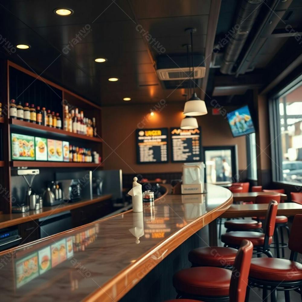 Fine Art Photograph, Warm And Slightly Dark, Soft Cinematic Haze, Natural Earth Tones. Modern Burger Restaurant Interior A Polished Wood And Marble Diner Counter, Shelves With Colorful Ingredients A