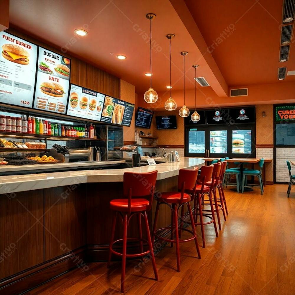 Fine Art Photograph, Warm Earth Tones, Soft Cinematic Haze, Professional Style, Depicting A Stylish Burger Restaurant Diner Counter Polished Wood Base, Glossy Marble Countertop, Colorful Ingredients