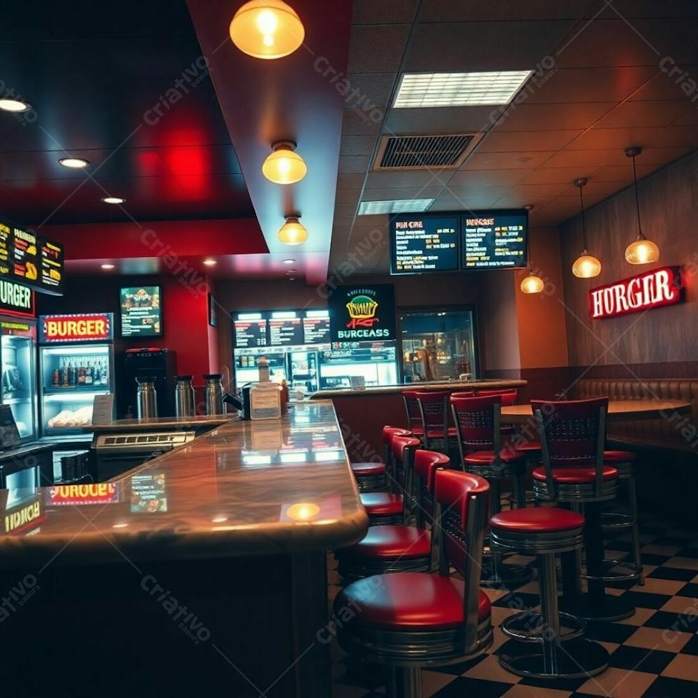 Fine Art Photograph, Warm, Slightly Dark, Soft Lighting. Modern Burger Restaurant Interior, Diner Counter View. Polished Wood And Marble Counter, Vibrant Ingredient Displays. Dynamic Menu Boards Wit