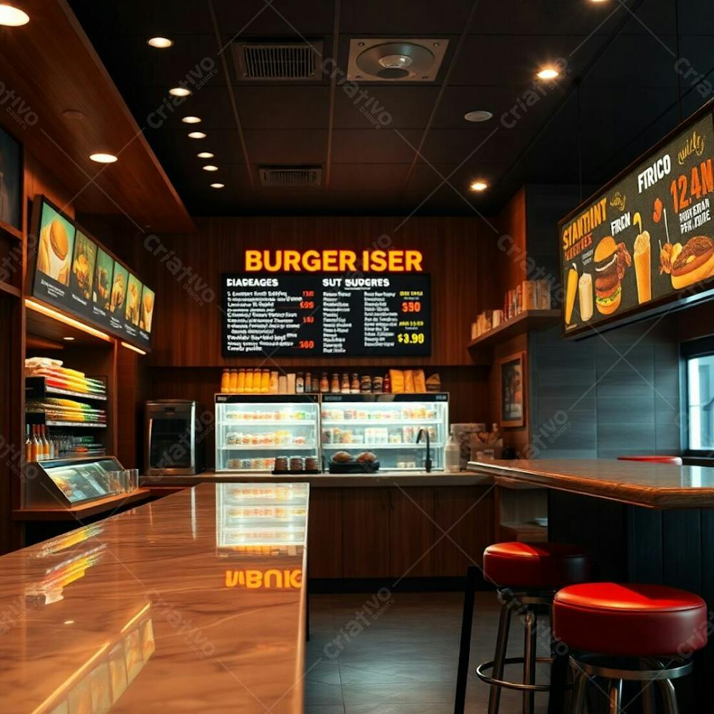 Fine Art Photograph, Warm, Soft Lighting, Slight Darkness. Professional Style, Soft Cinematic Haze, Natural Earth Tones. Modern Burger Restaurant Interior, Focus On Diner Counter. Polished Wood, Gl