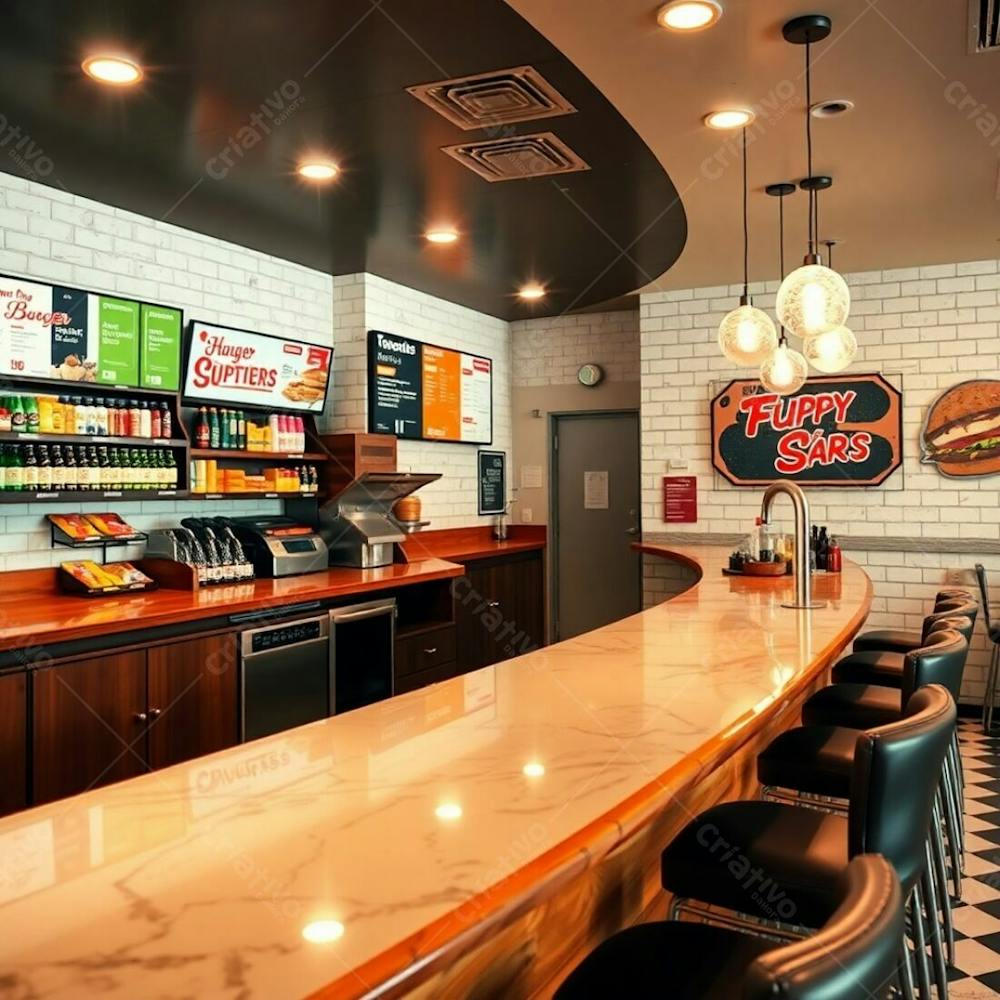 Fine Art Photography Modern Burger Restaurant Interior, Focus On A Diner Counter. Polished Wood And Glossy Marble Counter. Colorful Shelves With Ingredients. Bright Menu Boards With Bold Graphics.