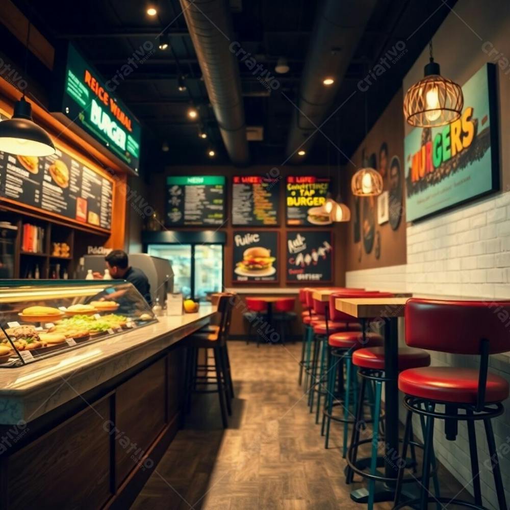 Fine Art Photography Of A Burger Restaurant Soft Cinematic Haze, Warm And Slightly Dark Tones, Natural Earth Tones, Polished Wood And Marble Counter, Colorful Ingredients Displayed, Dynamic Menu Boar