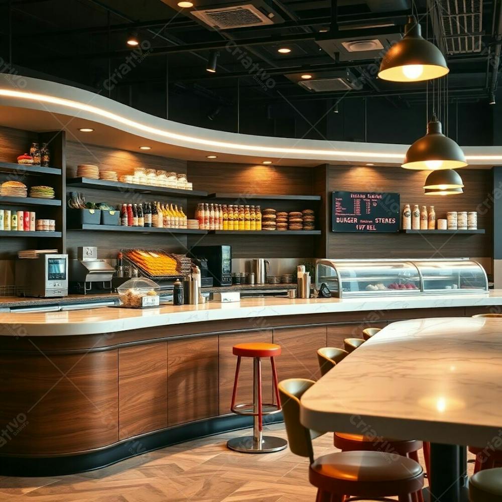 Fine Art Photography Of A Burger Restaurant&#39;S Diner Counter, Emphasizing A Stylish And Modern Design. A Polished Wood Base Contrasts With A Glossy Marble Countertop. Shelves Showcase Colorful Ingre