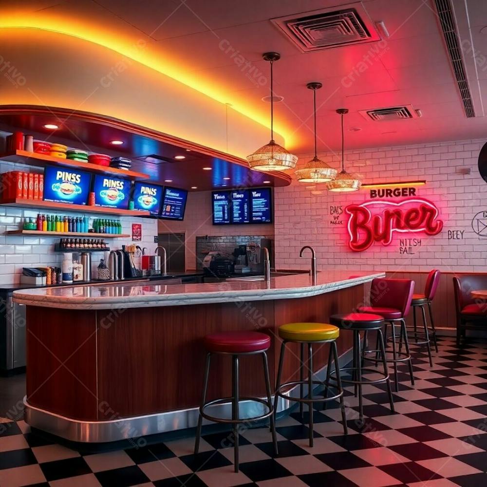 Fine Art Photography Of A Modern Burger Restaurant Interior A Diner Counter With A Polished Wood Base And Glossy Marble Countertop, Colorful Neatly Arranged Shelves, Glowing Digital Menu Boards, And