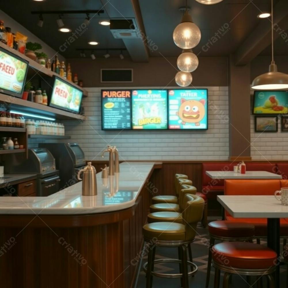 Fine Art Photography, Warm And Slightly Dark, Soft Focus, Natural Earth Tones, Soft Cinematic Haze. A Modern Burger Restaurant Diner Counter Polished Wood Base, Glossy Marble Countertop, Colorful She