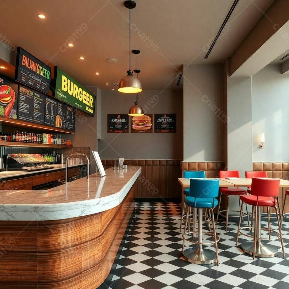 High Quality Fine Art Photograph Modern Burger Restaurant Interior, Diner Counter With Polished Wood Base And Glossy Marble Top, Vibrant Ingredients And Condiments On Shelves, Dynamic Menu Boards Wi