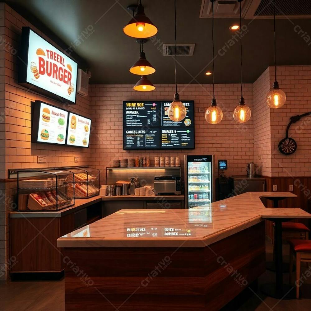 High Quality Photo Of A Modern Burger Restaurant&#39;S Diner Counter, Featuring A Polished Wood Base, Glossy Marble Countertop, And Neatly Arranged Shelves Displaying Colorful Ingredients. Bold Text An