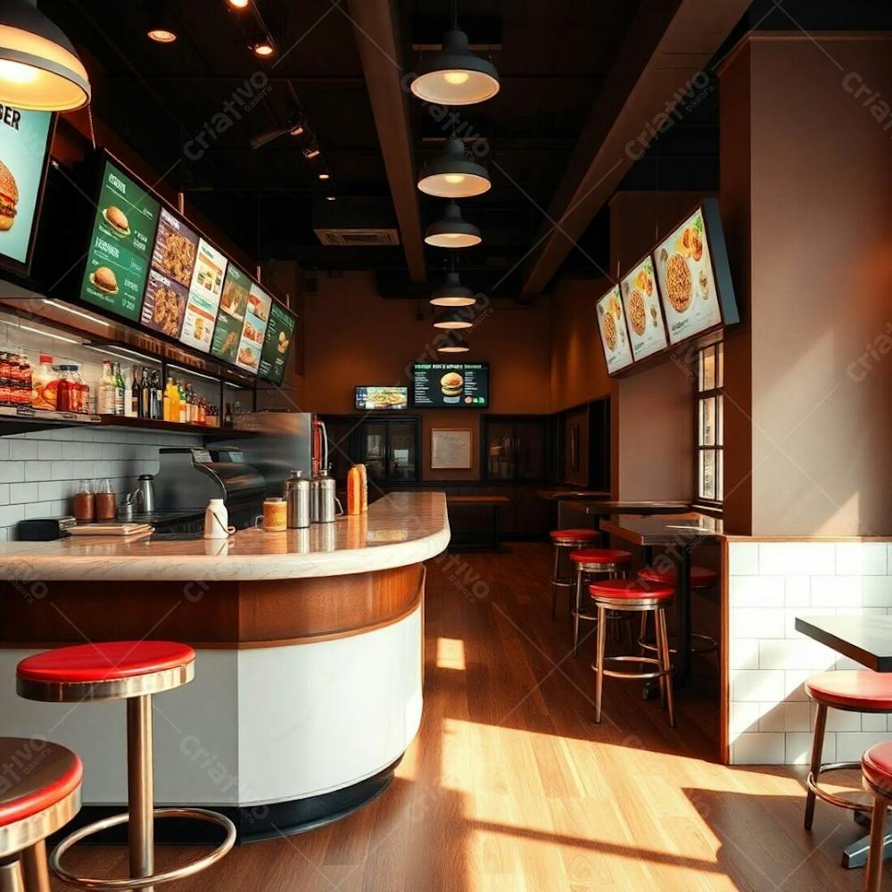 Original Fine Art Photograph A Warm And Slightly Dark Burger Restaurant Interior, Soft Cinematic Haze, Natural Earth Tones, Glossy Marble And Wood Diner Counter, Shelves With Colorful Ingredients, Dy