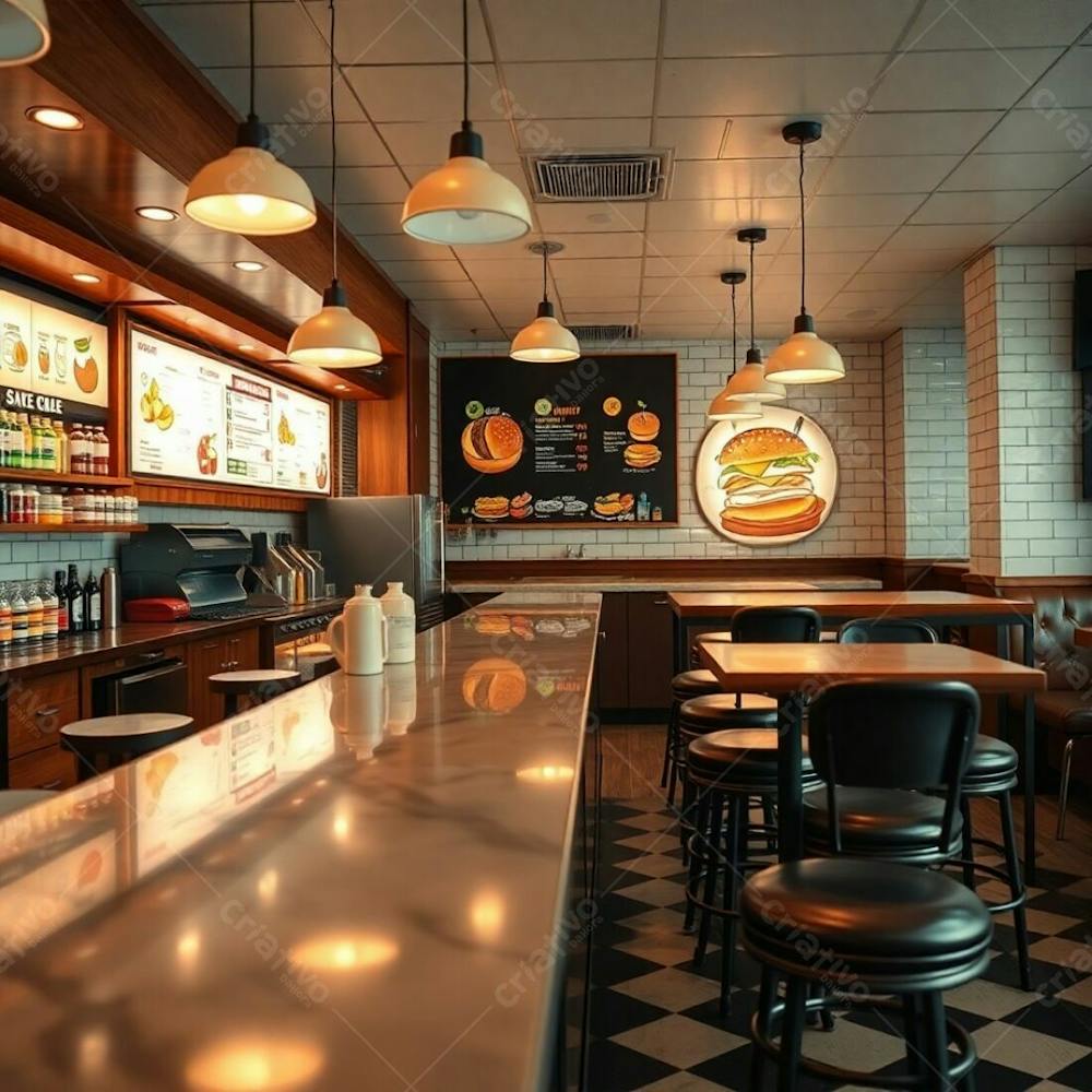 Original Fine Art Photograph Of A Modern Burger Restaurant Interior. Diner Counter With Polished Wood And Glossy Marble, Colorful Ingredients And Condiments On Shelves. Glowing Menu Boards With Illu