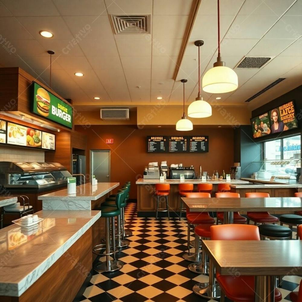 Original Fine Art Photograph, Warm Soft Lighting, Professional Style. Soft Cinematic Haze Effect, Natural Earth Tones. Modern Burger Restaurant Interior, Diner Counter With Polished Wood And Marble