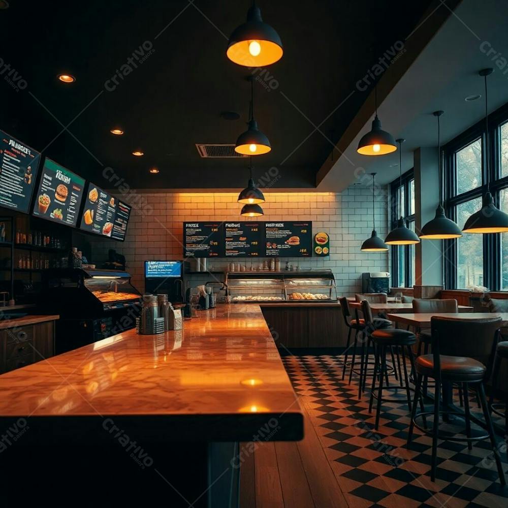 Original Fine Art Photograph, Warm Soft Light, Subtle Darkness, Professional Style, Cinematic Haze, Natural Earth Tones. Modern Burger Restaurant Interior Polished Wood And Marble Counter, Vibrant In