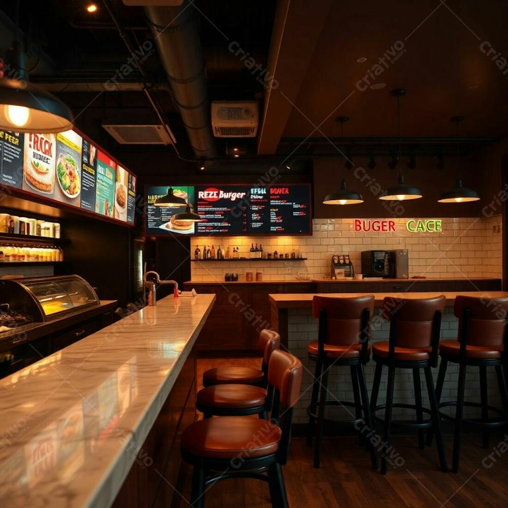 Original Fine Art Photograph, Warm Soft Lighting, Slightly Dark, Professional Style, Soft Cinematic Haze, Earth Tones. Modern Burger Restaurant Interior Polished Wood And Marble Counter, Colorful Ing