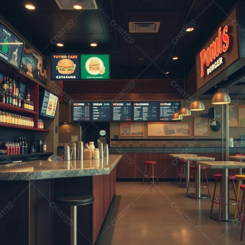 Original Fine Art Photograph, Warm Tones With Subtle Darkness, Soft Cinematic Haze. A Stylish Burger Restaurant Interior Featuring A Diner Counter With Polished Wood And Glossy Marble. Colorful Ingr