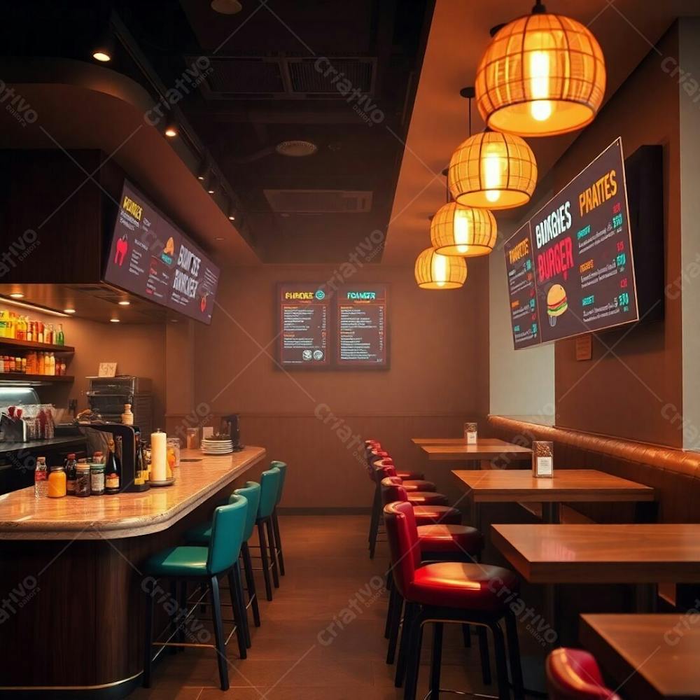 Original Professional Photograph Of A Modern Burger Restaurant Interior Warm, Slightly Dark, And Soft Lighting, Soft Cinematic Haze, Earth Tones, Polished Wood And Marble Diner Counter, Colorful Ingr