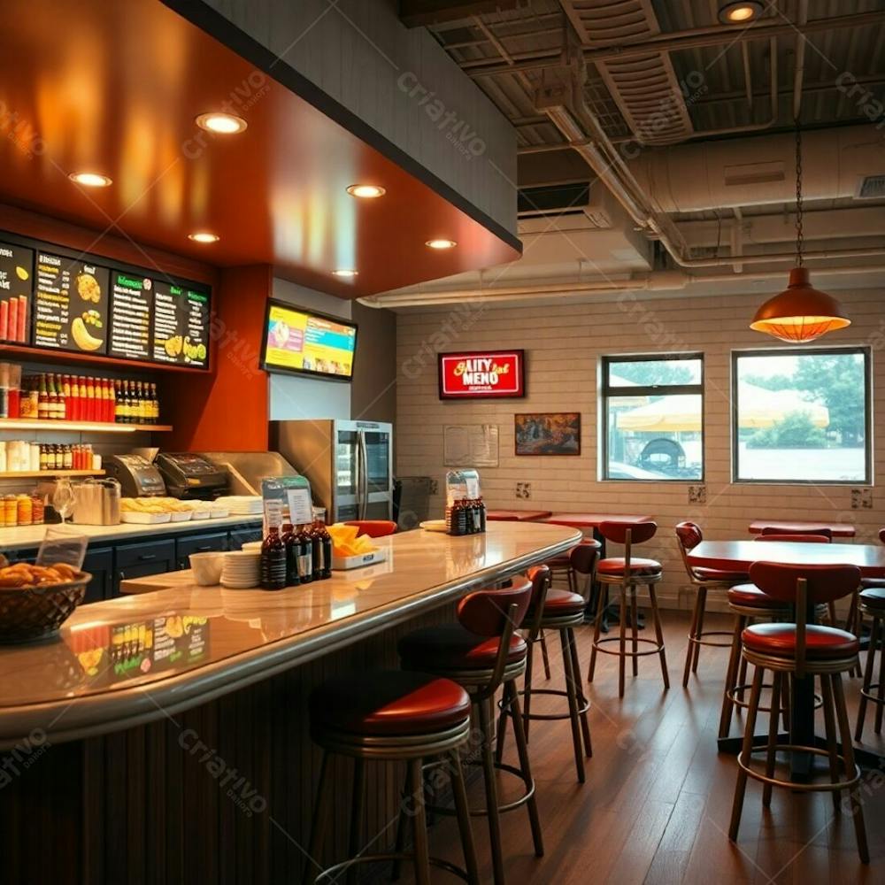 Photo Of The Year Contender Modern Diner Counter, Polished Wood And Marble, Colorful Ingredient Displays, Bright Digital Menu Boards, Retro Modern High Stools, Warm Lighting, Soft Focus, Muted Color