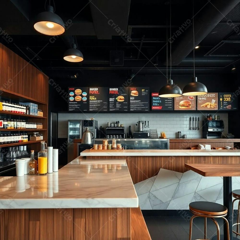 Photo Of The Year Style, Soft Contrast, Soft Saturation, Warm And Slightly Dark Tones Burger Restaurant Interior, Polished Wood And Marble Diner Counter, Neatly Arranged Shelves, Colorful Ingredients