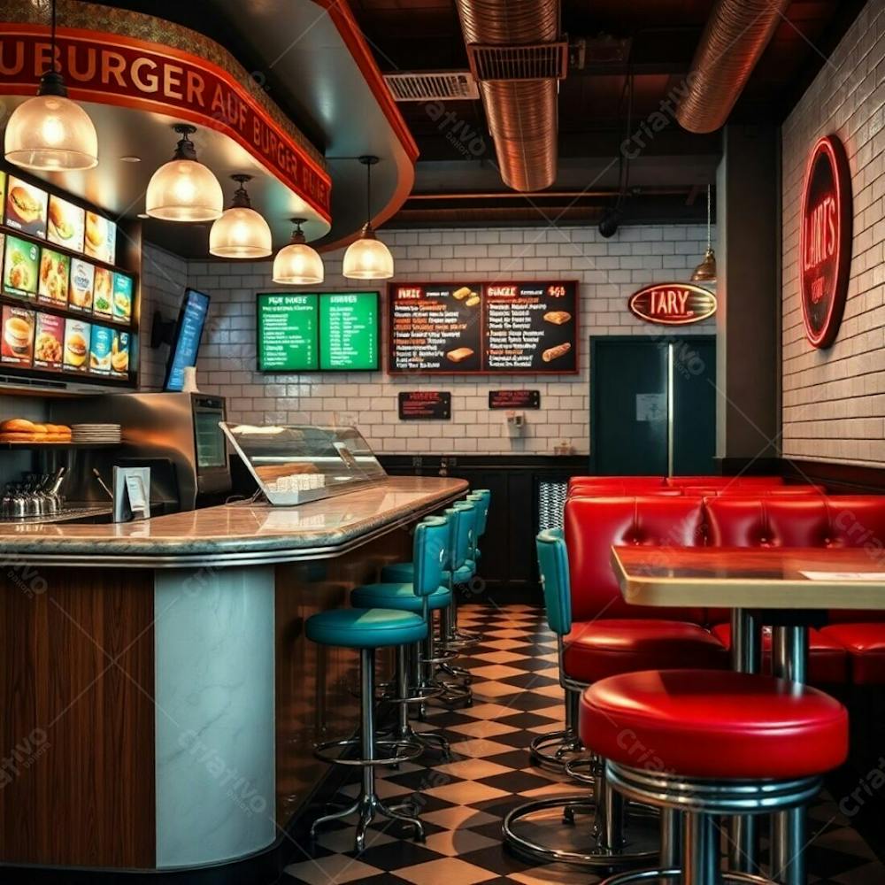 Professional Editorial Photograph, Soft Contrast And Saturation, Soft Cinematic Haze, Earth Tones, Stylish Burger Restaurant Diner Counter With Polished Wood And Marble, Colorful Ingredient Display,