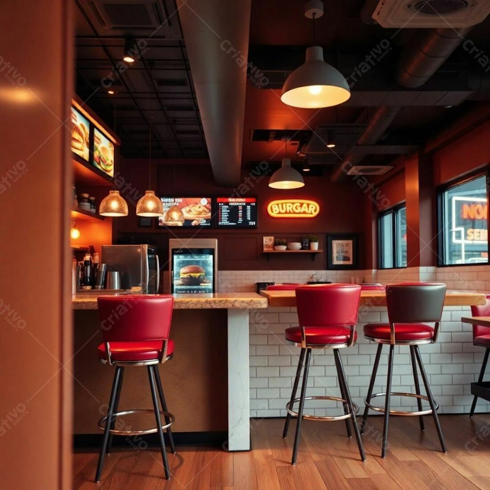 Professional Editorial Style Photograph Stylish Burger Restaurant, Diner Counter Interior, Warm And Slightly Dark Lighting, Soft Cinematic Haze, Polished Wood And Marble Counter, Colorful Shelving,