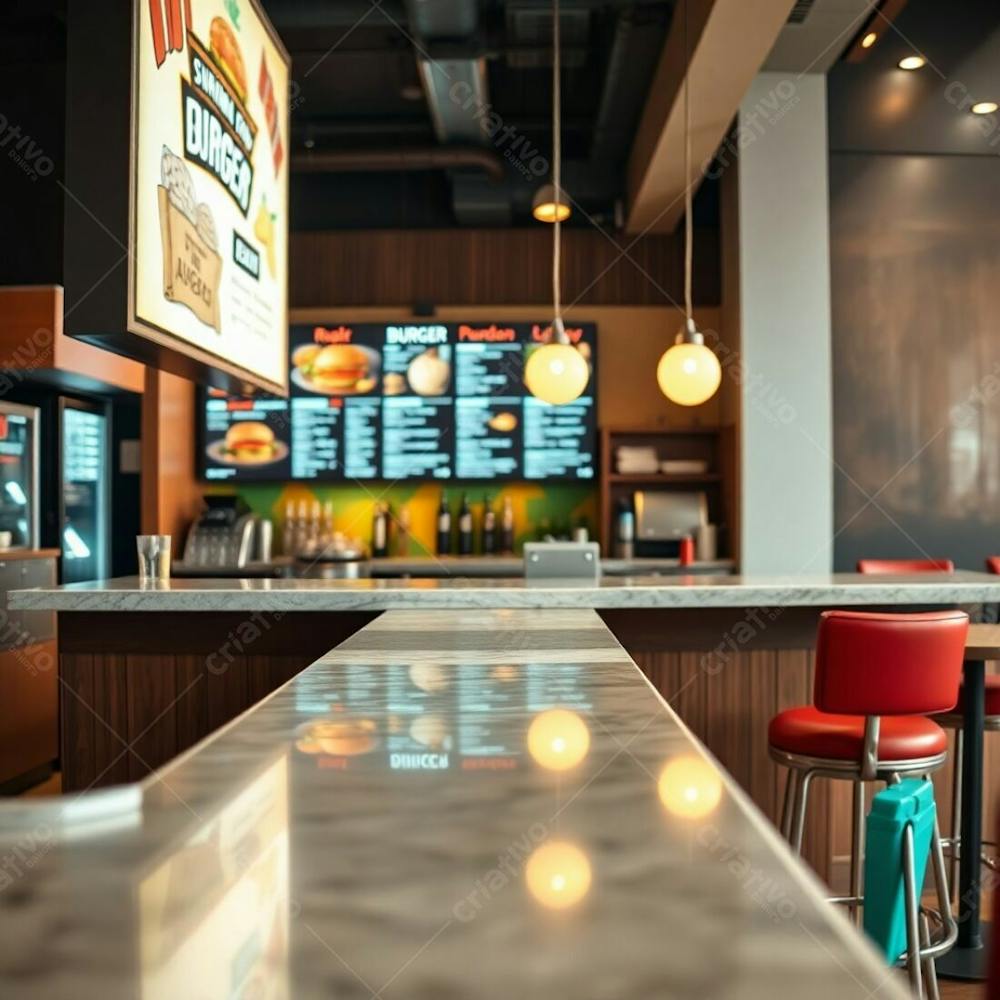 Professional Fine Art Photograph Stylish Burger Restaurant, Diner Counter. Polished Wood Base, Glossy Marble Top. Colorful Shelves Behind The Counter. Glowing Digital Menu Boards With Bold Text And