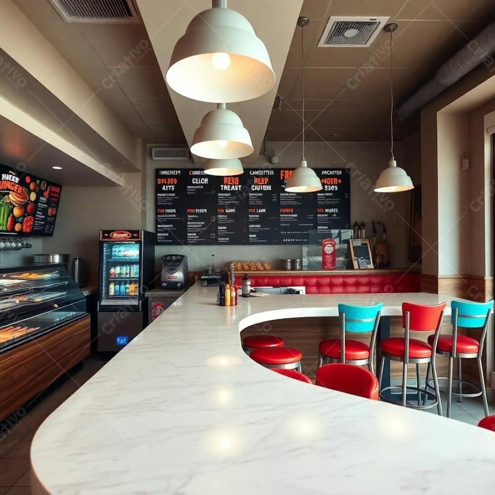 Professional Fine Art Photograph Featuring A Modern Burger Restaurant Interior A Diner Counter With A Polished Wood Base And Glossy Marble Top, Colorful Ingredient Displays, And Dynamic Menu Boards.