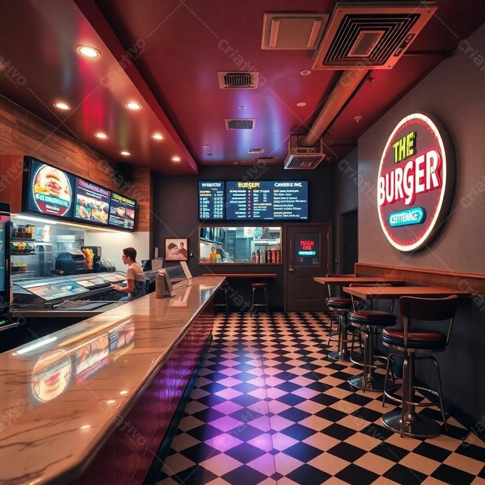 Professional Fine Art Photograph, Soft Cinematic Haze, Natural Earth Tones, Warm Lighting, Depicting A Modern Burger Restaurant Interior Glossy Marble And Wood Diner Counter, Vibrant Ingredient Displ